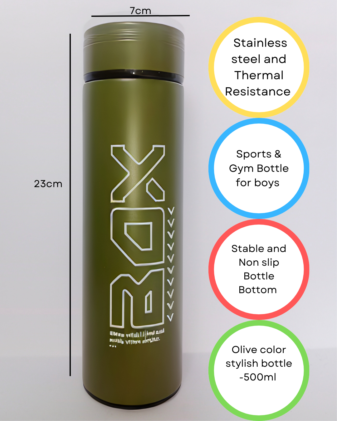 Olive Green Stainless Steel Sports Bottle – 500ml Thermal Gym Bottle for Boys