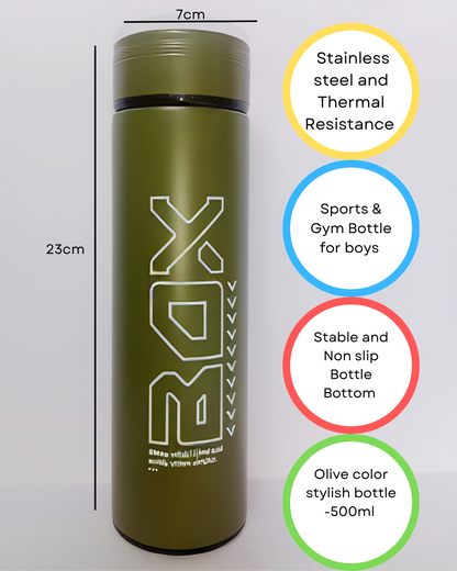 Olive Green Stainless Steel Sports Bottle – 500ml Thermal Gym Bottle for Boys