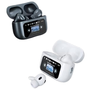 A9 Pro Black & White Airpods Anc With App | Screen Airpods | Anc & Twc Wireless Airpods | Bt 5.4 Version | Extended Battery Life